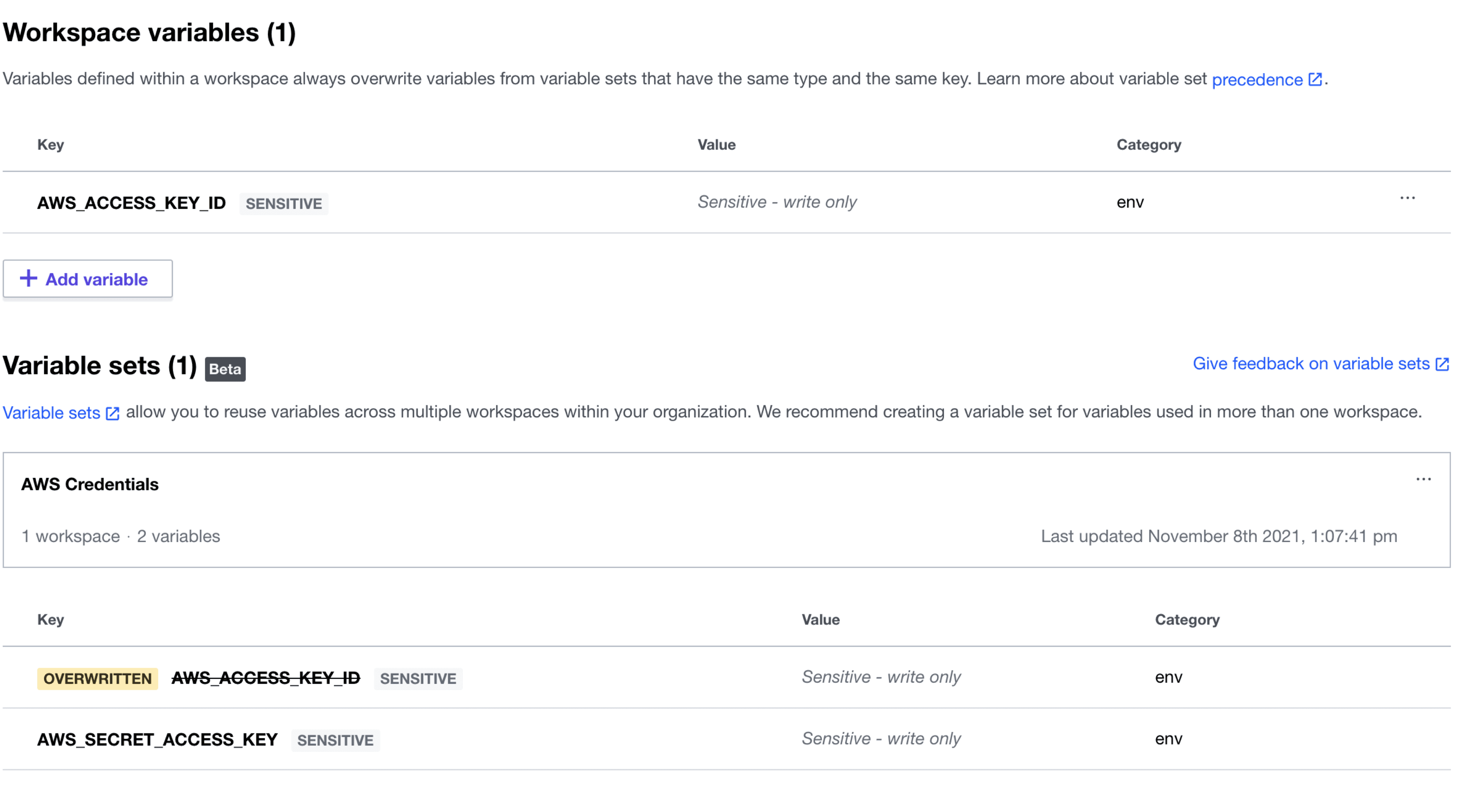 The Terraform Cloud UI indicates which variables are overwritten